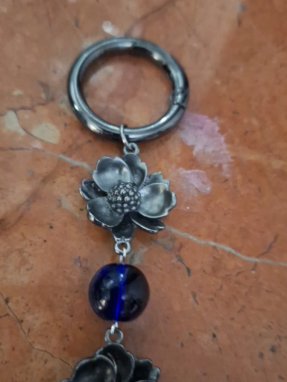 Floral Silver-Tone Keychain Bag Charm with Cobalt Blue Glass Beads